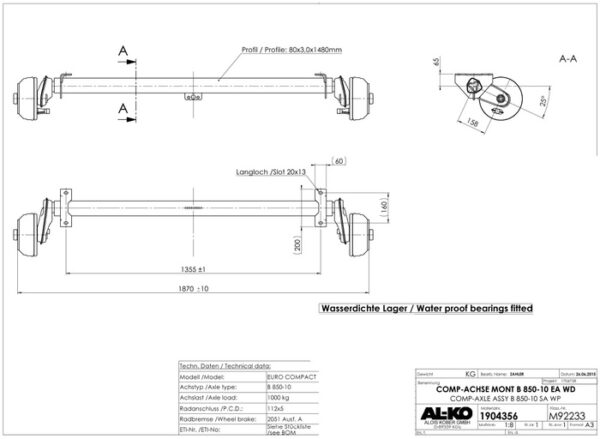 BRK -Essieu freiné bateau AL-KO 1355 mm 1000 kg 5x112 W-PROOF (tamoburs avec roulements étanches) – Image 3