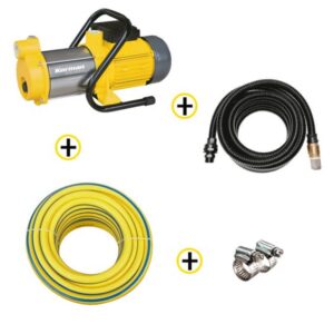 Pack Tuyau d’arrosage Ø19mm 25m + Pompe de Surface Multicellulaire 900W + Kit d'Aspiration 7m Ø25mm + Colliers de serrage