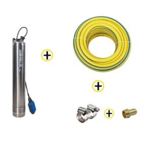 Pack Pompe immergée de Puit Inox 370W + Tuyau d’arrosage Ø19mm 25m + Raccord et collier